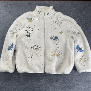 Yitai Sherpa Fleece Botanical Birds Embroidery Full Zip Designer Jacket 27”X24”